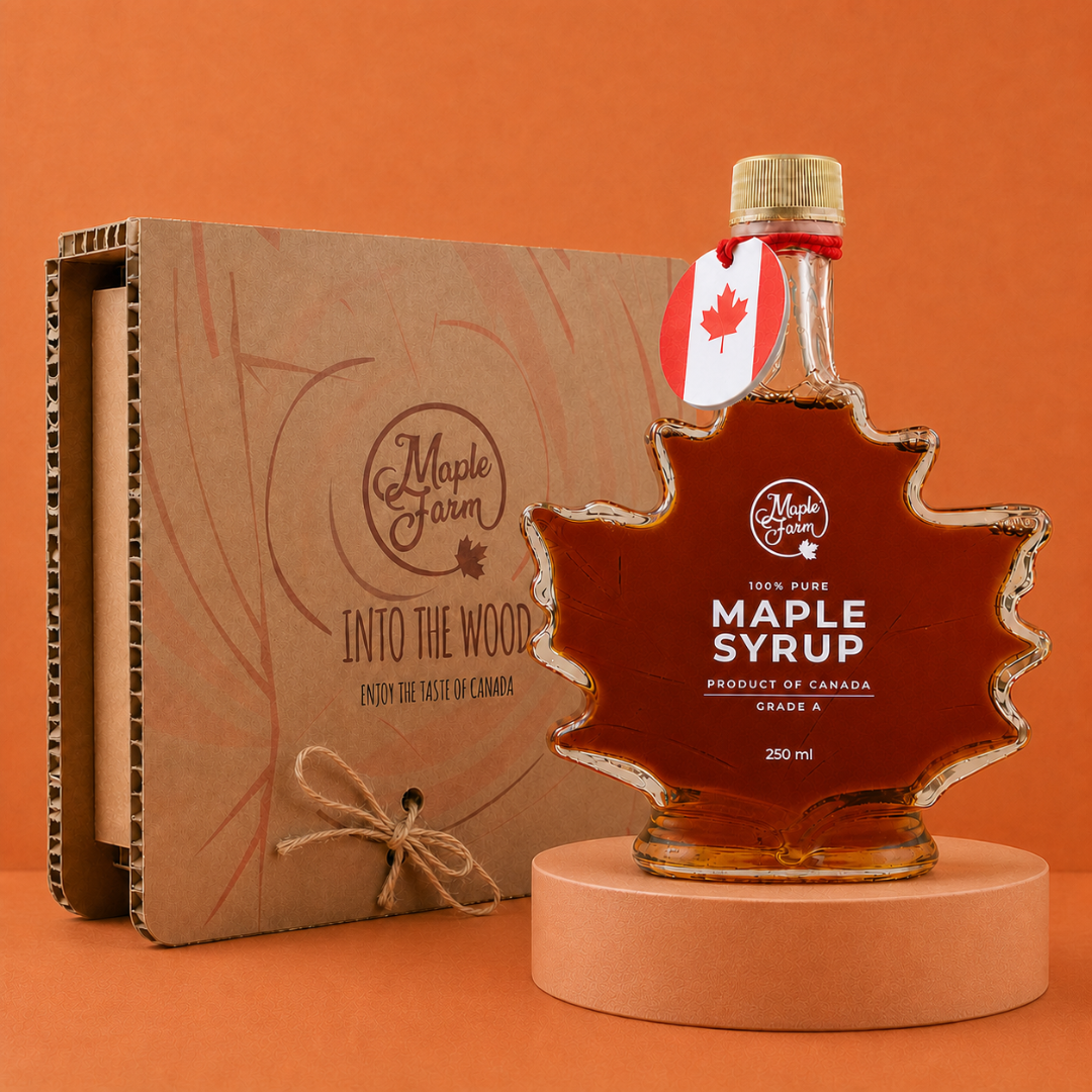 Pure Maple Syrup – Dark – 250ml leaf-shaped bottle in gift box